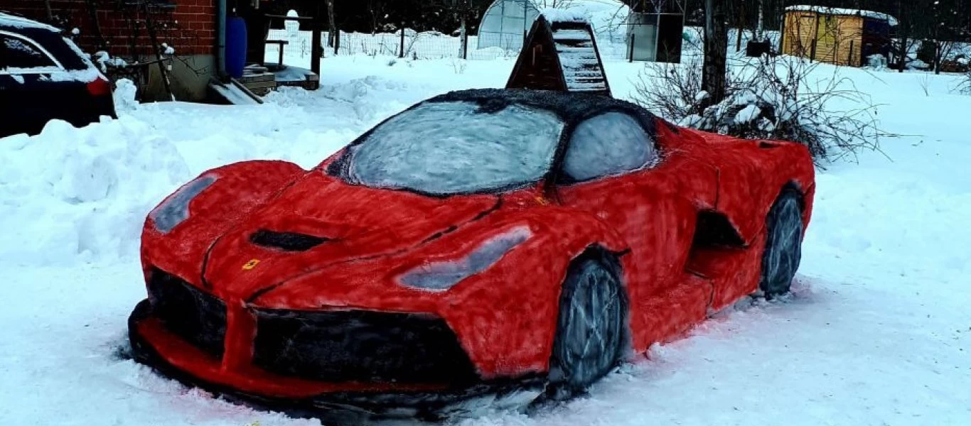 Άντρας αποφάσισε να φτιάξει μια Ferrari από... χιόνι (βίντεο)